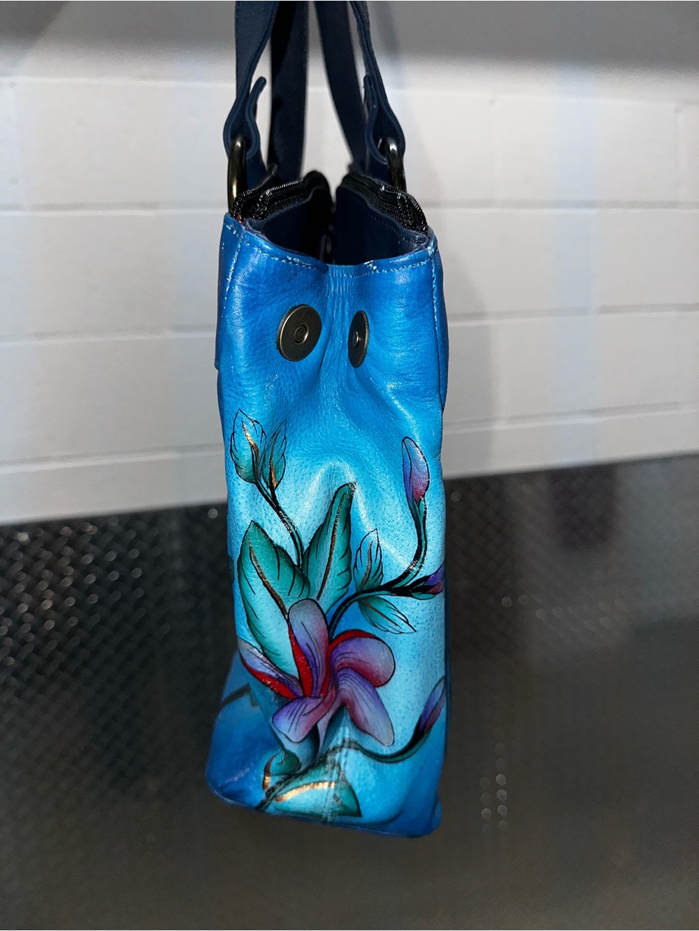 Anuschka Blue Floral Leather Shoulder Bag with Navy Straps - Picture 3 of 12